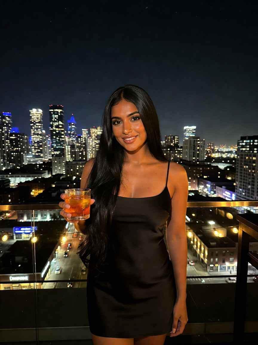 city lights hit different when you're glowing in a slip dress with a cocktail in hand, cheers to goo