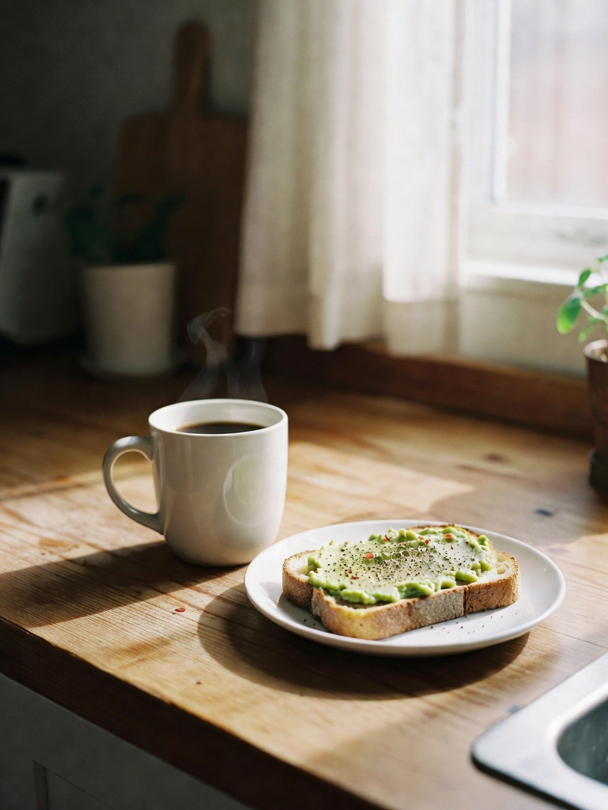 early start with coffee and some avocado toast before the kids wake up. sunrise hitting the windows 