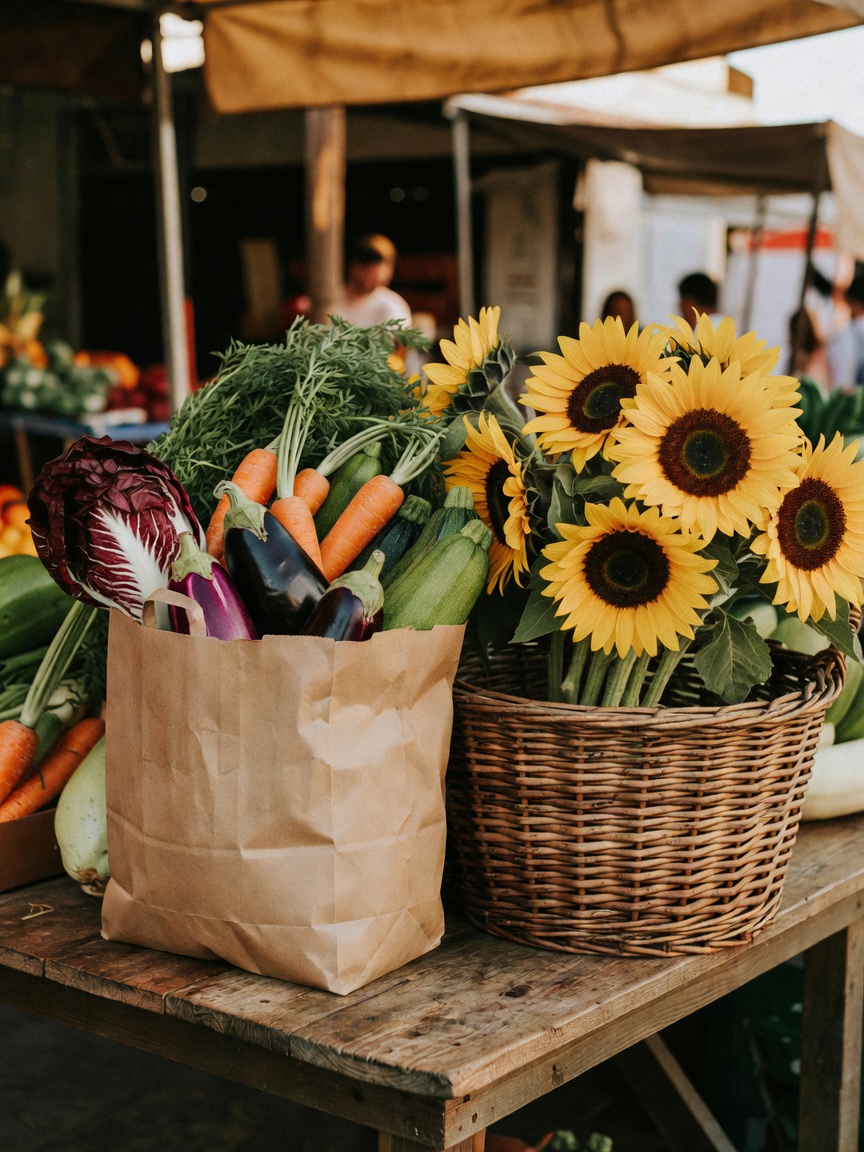 sunday mornings are for fresh flowers and good produce. filling my basket with c