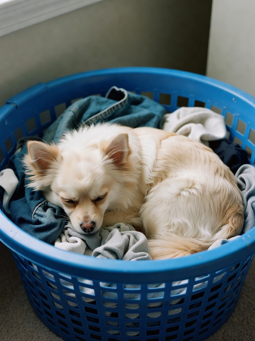found my dog napping in the laundry basket again. the face he gave me when i tri