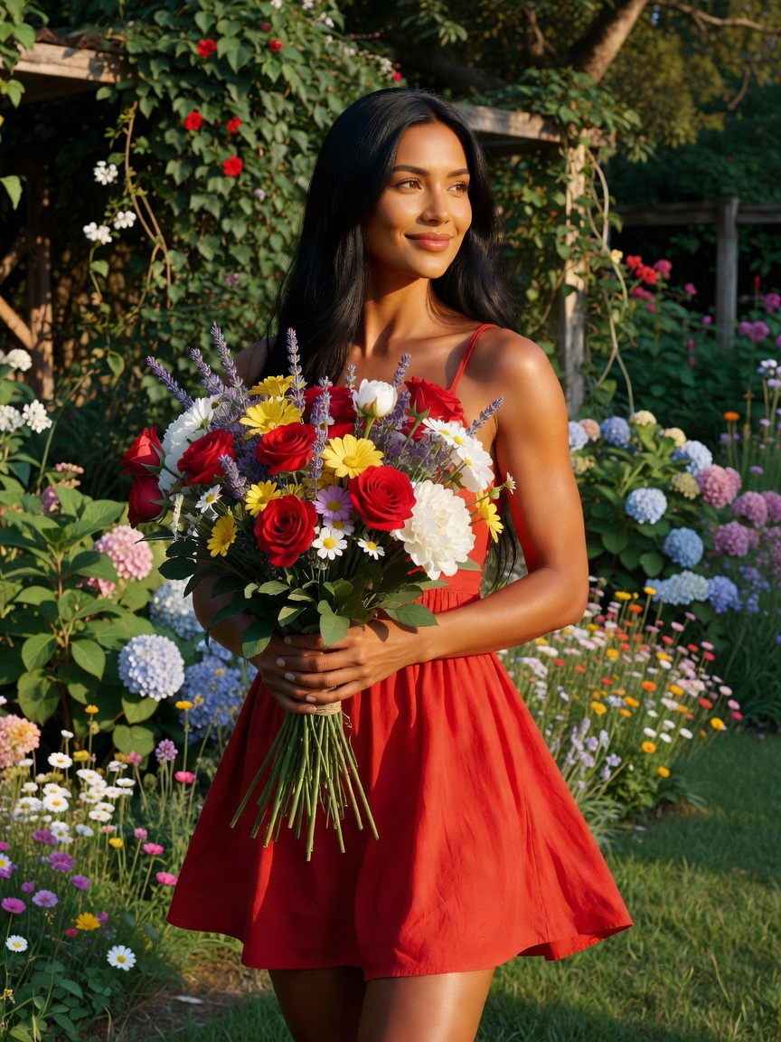fresh flowers in hand and even fresher energy in this sundress, stopping to smell the roses and feel