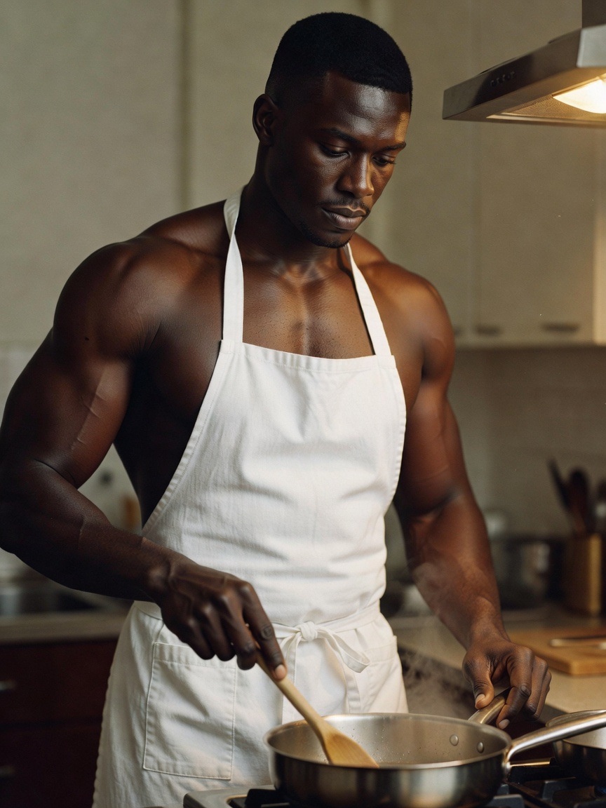 shirtless cooking session because the kitchen gets hot. stirring up some fresh s