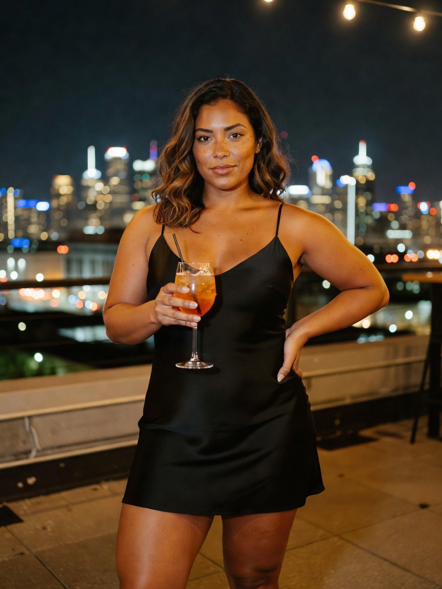 evening glam at the rooftop with a strong cocktail in hand. celebrating the body