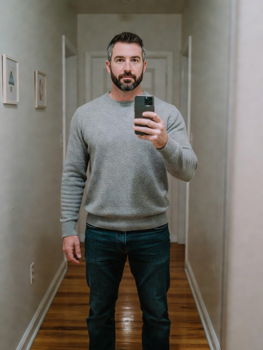 quick mirror check before heading out. old jeans still fit, sweater is new. some