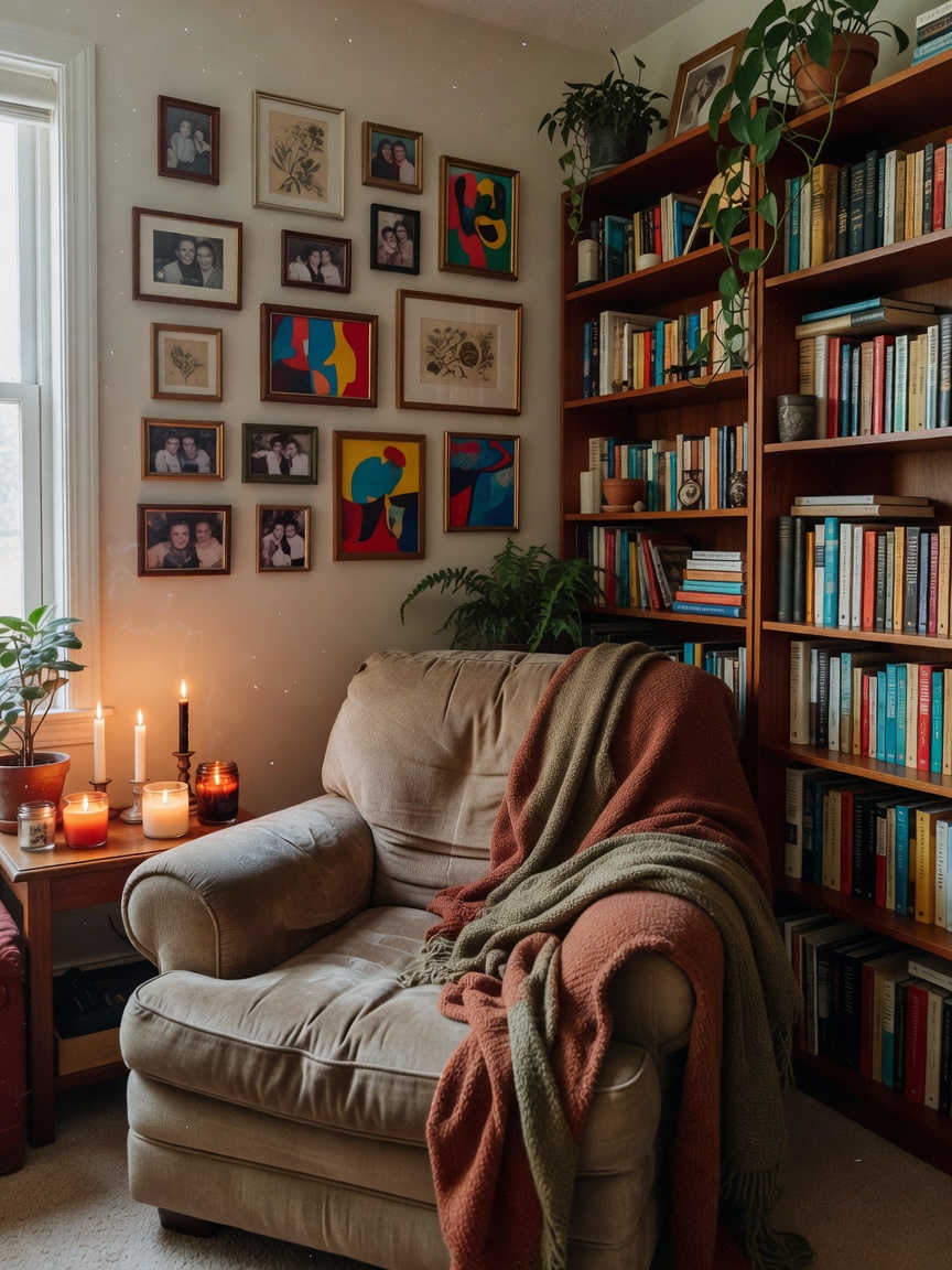 finally finished my little corner project. soft light, fresh candles, and all my