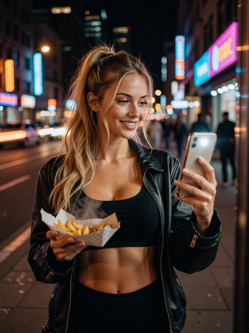 late night fuel after crushing my goals 🍟 this crop top and leather combo just 