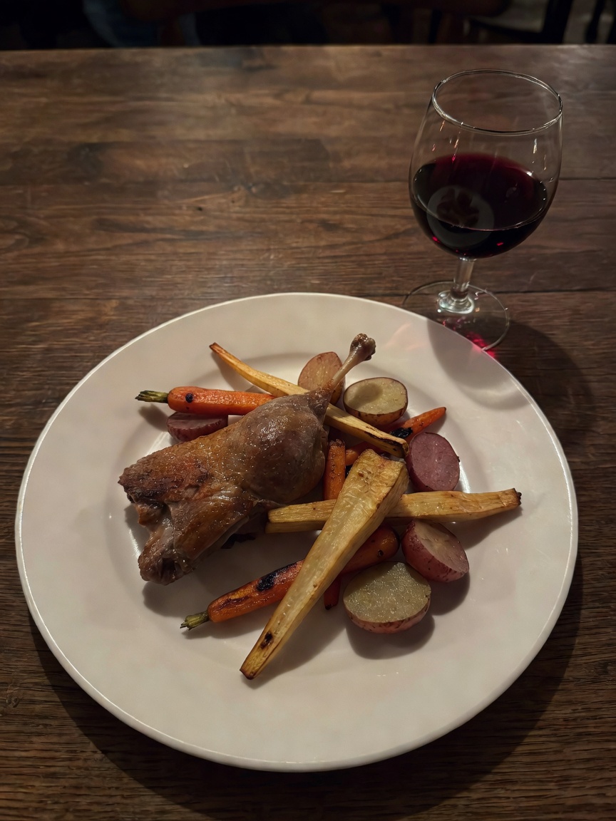 Finally tried the duck confit. Worth every calorie. The chocolate tart at the en