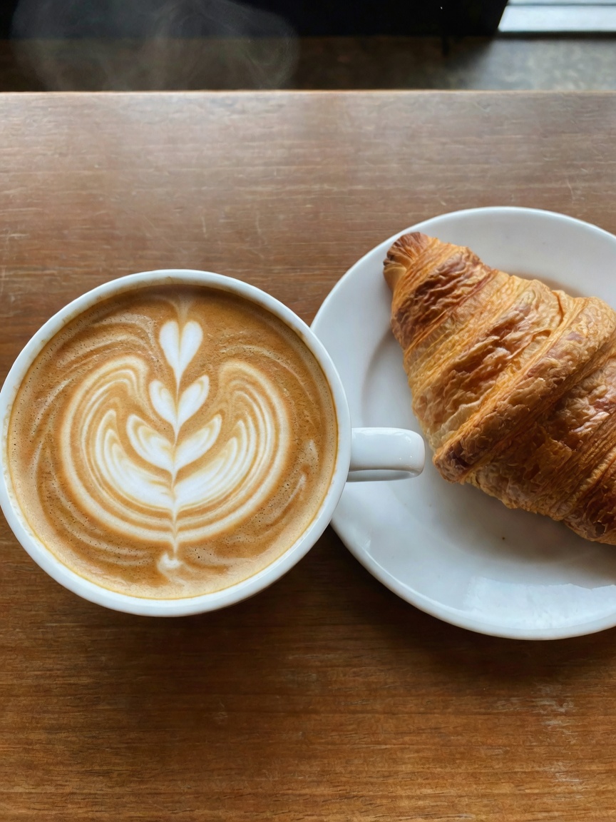 perfect sunday reset. strong latte, warm croissant, and a good book while the city hums outside. som
