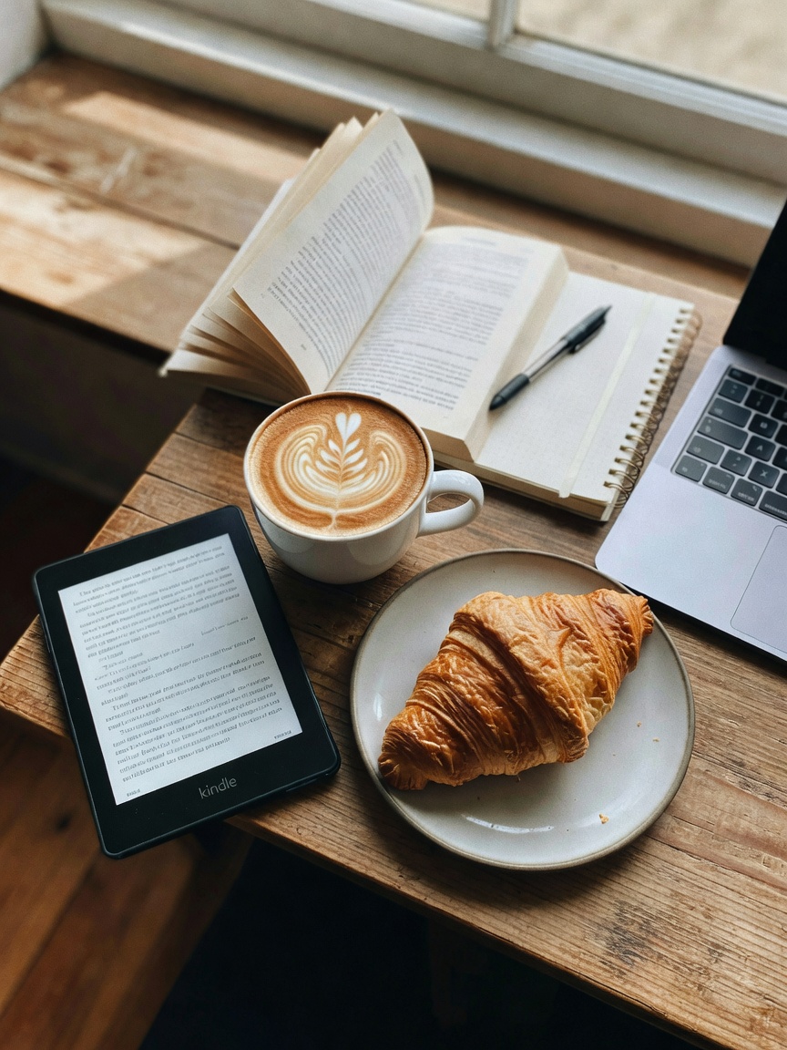 quick lunch break between shifts, this latte art is everything and my book is fi