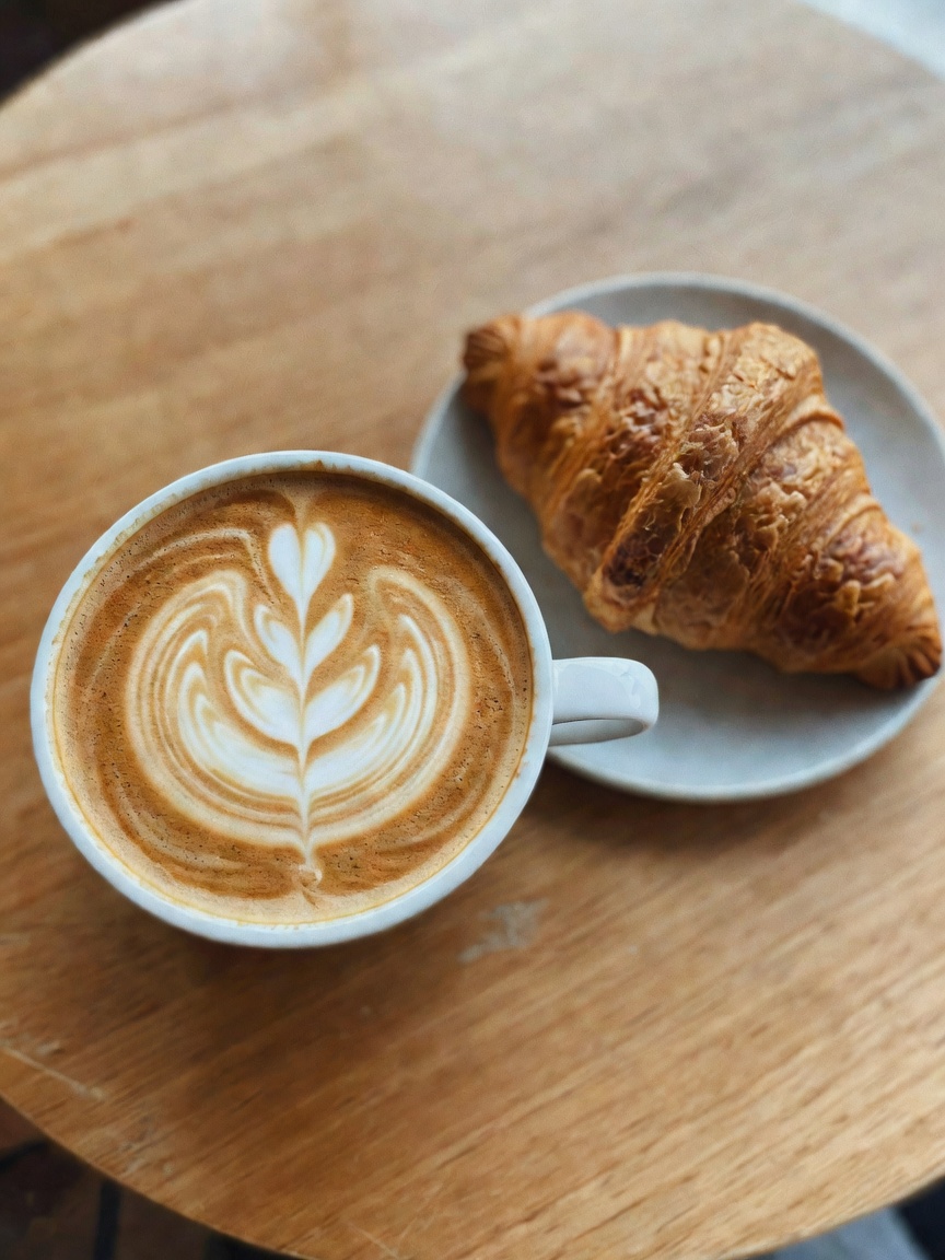 taking a breather with a perfect flat white and this flaky croissant before crus