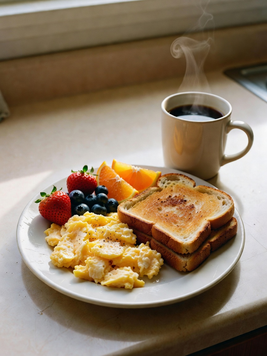 slow morning with my coffee and breakfast plate, sunrise sneaking in and my bed 