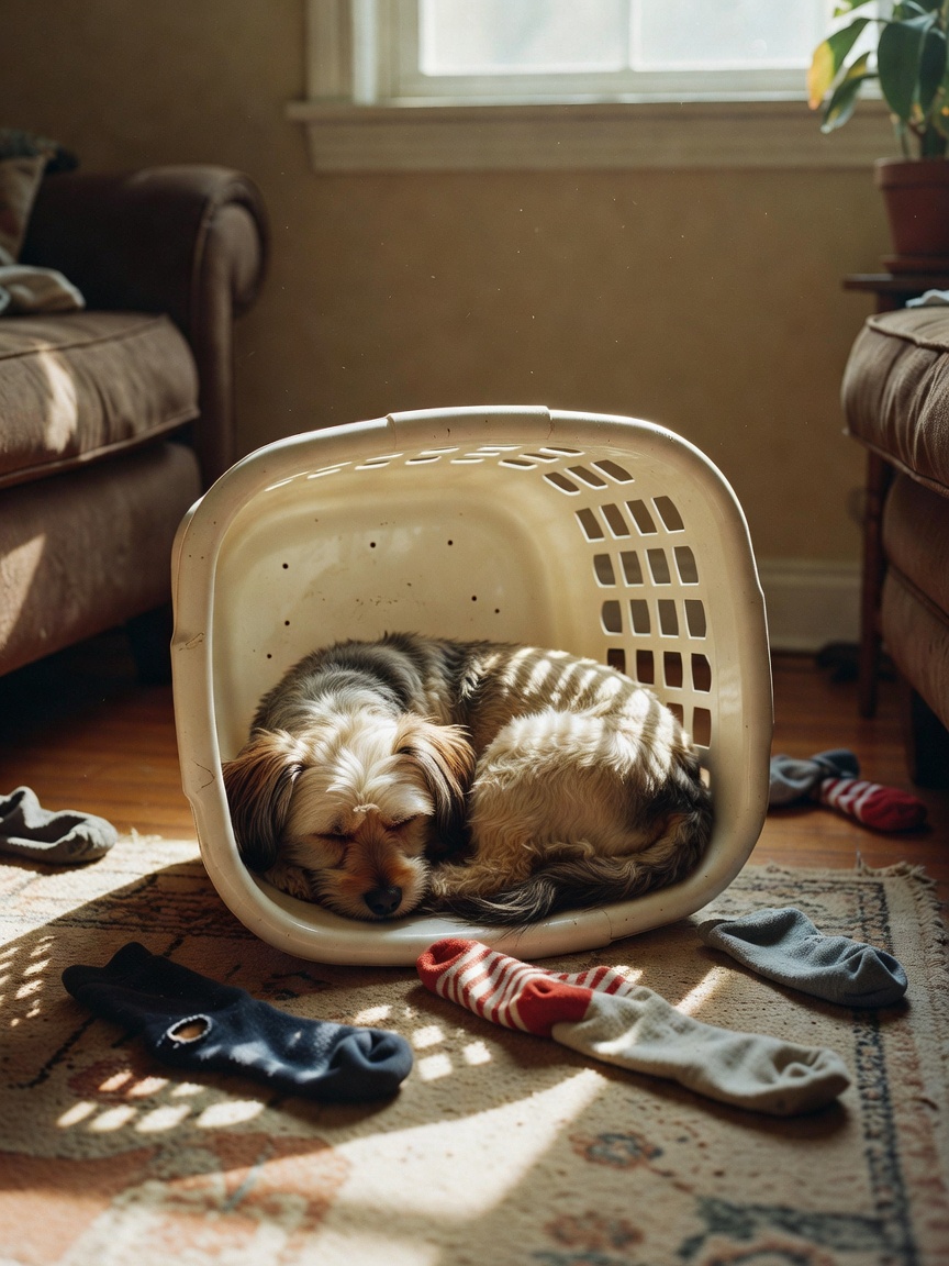 Caught my little troublemaker napping in the laundry basket again. How does he e