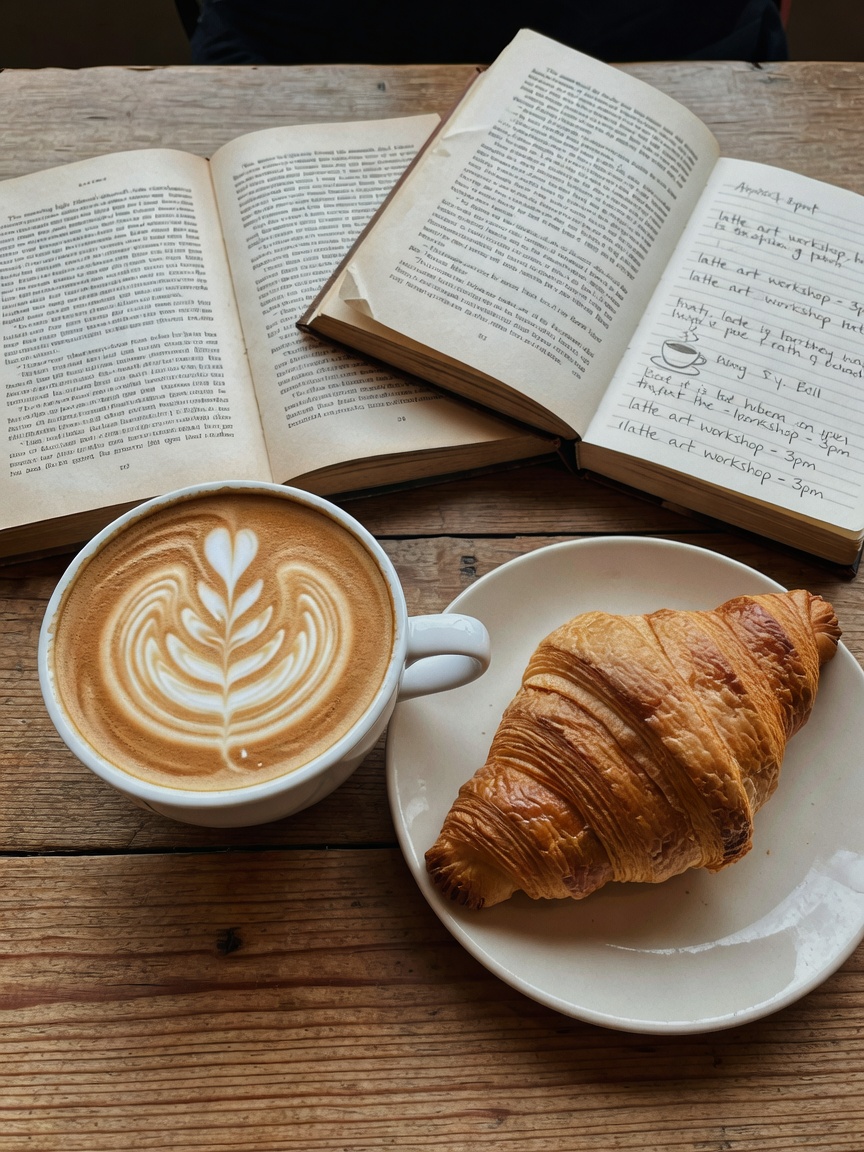 Morning reset with a perfect flat white, fresh croissant, and my latest read. No
