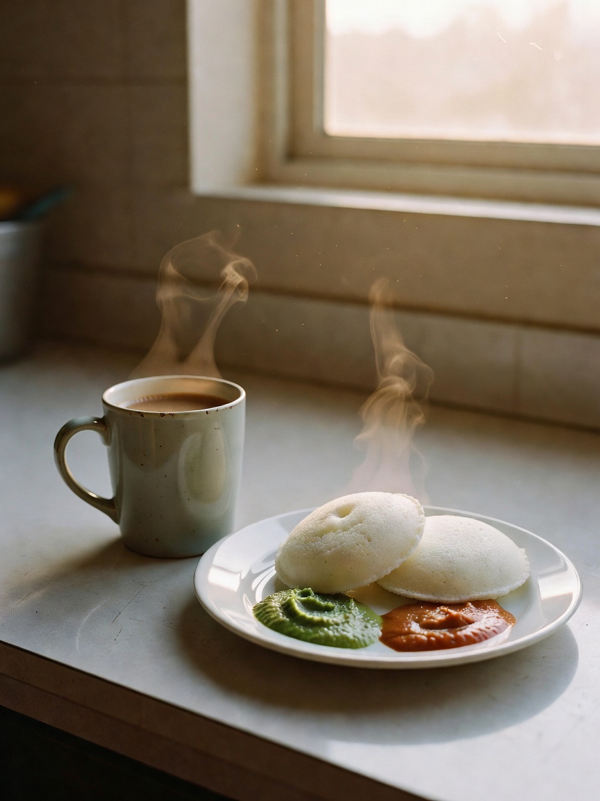 quiet morning with my usual filter coffee and some idli. bed still unmade but th
