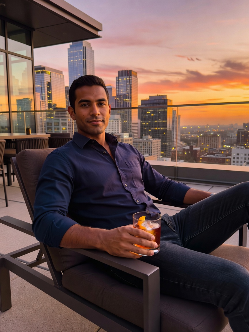 sunset hits different up here. good friends, strong drink, and the city finally 