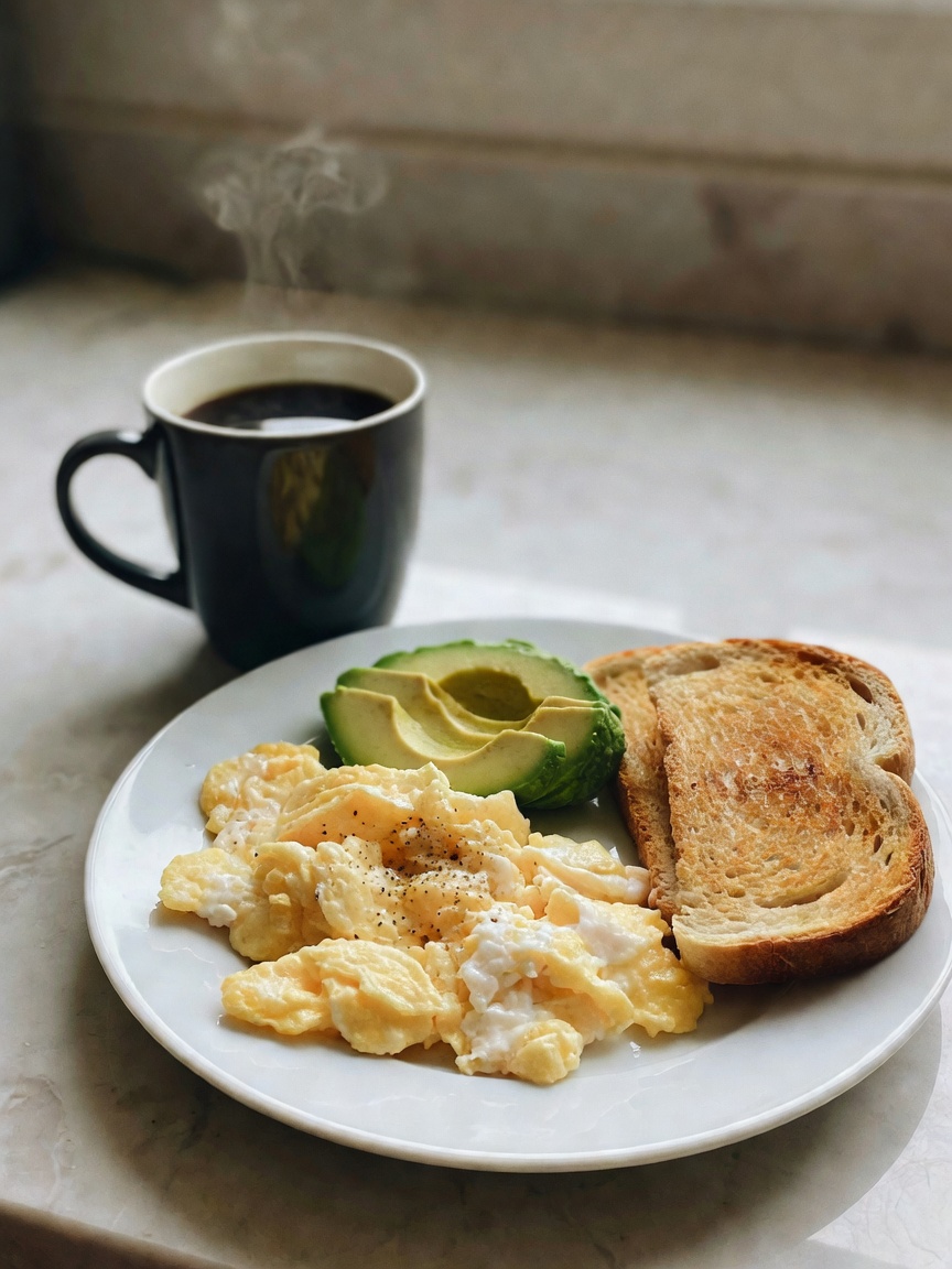 nothing fancy, just my usual saturday morning. good coffee, eggs and avocado, an