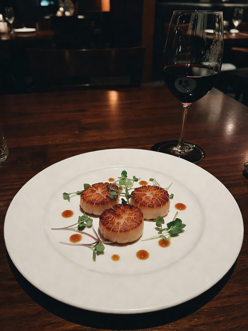 quiet evening with perfectly plated scallops and a glass of chablis. the textures, the lighting, the