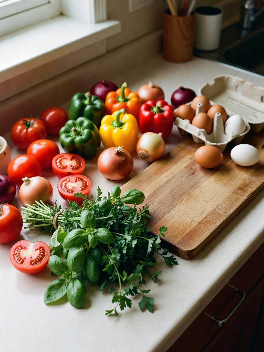 Sunday prep in the kitchen. Chopping fresh veg for tonight's shakshuka while tes