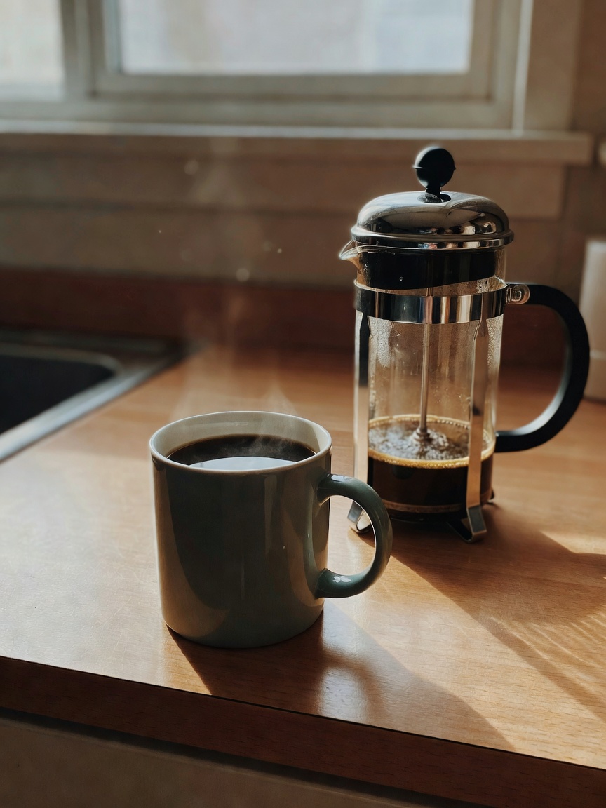 Slow morning with strong coffee, toast and avocado, and the sunrise hitting just