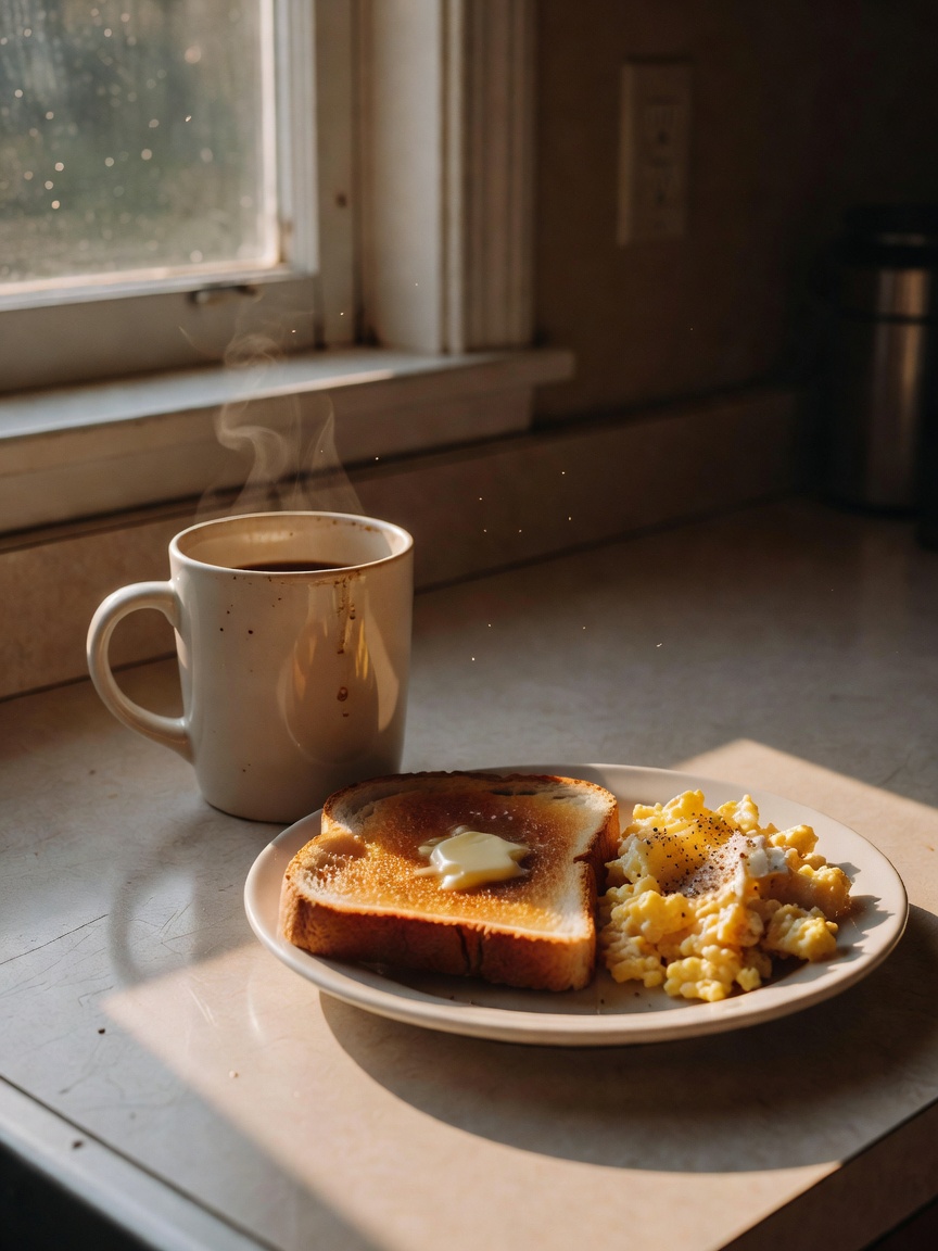 slow sunrise mornings hit different. coffee, simple breakfast, messy bed and all