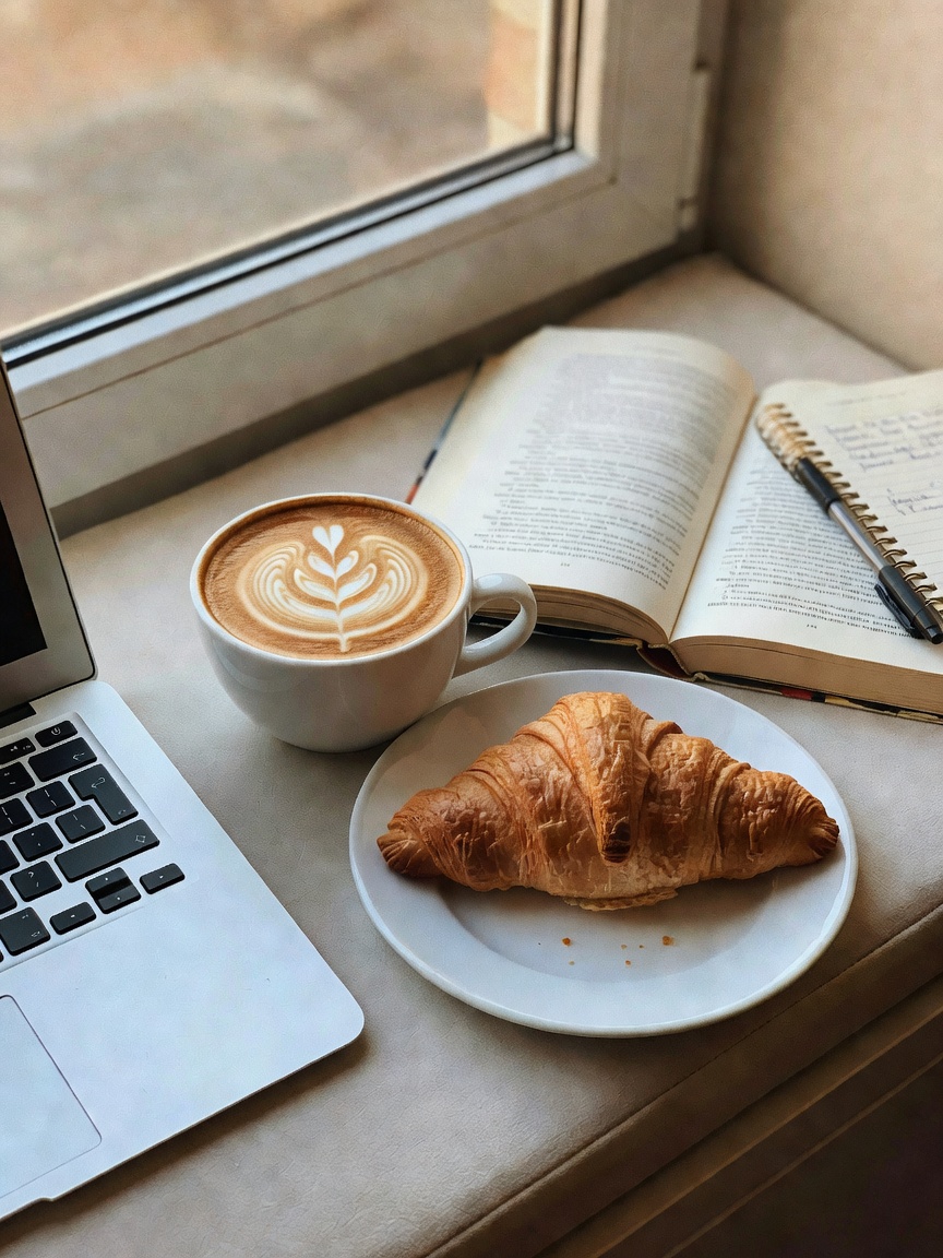working on the next empire with a perfect latte and croissant. productivity tast