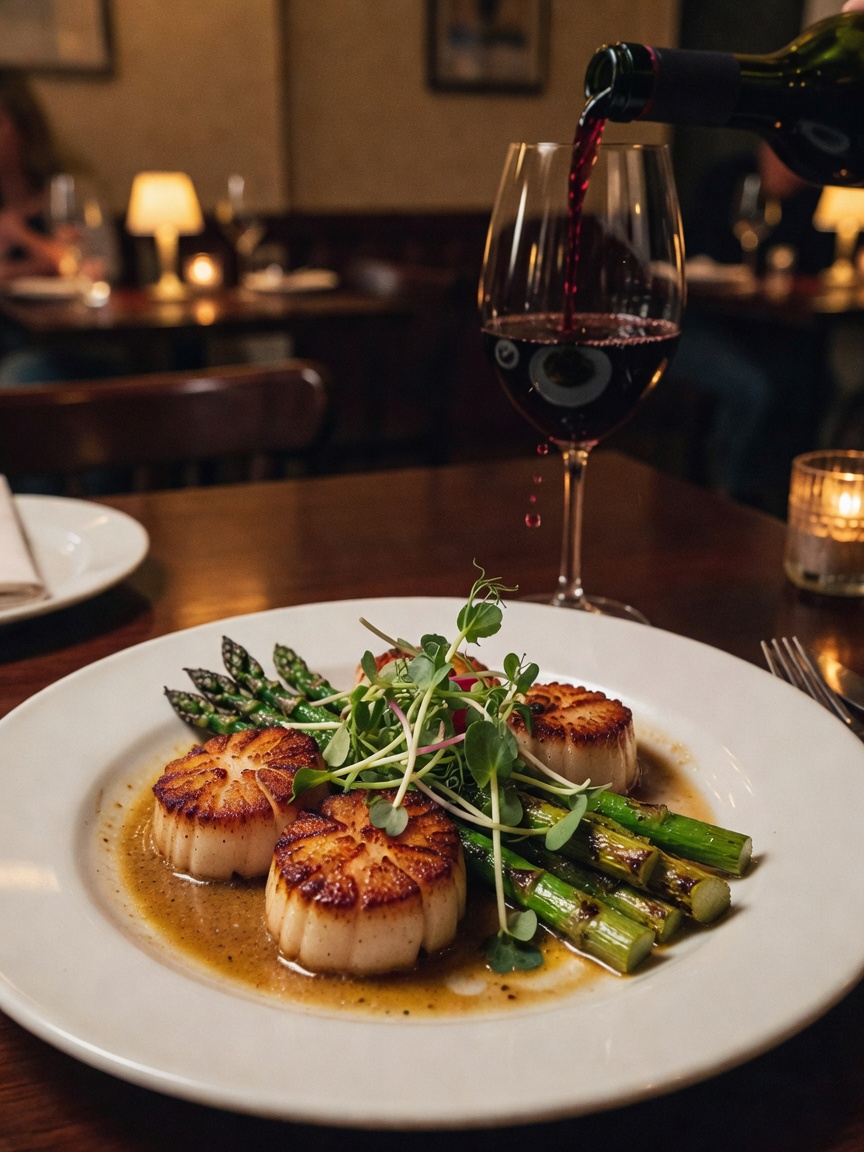 perfectly seared scallops with that wine pour game on point. chef really underst