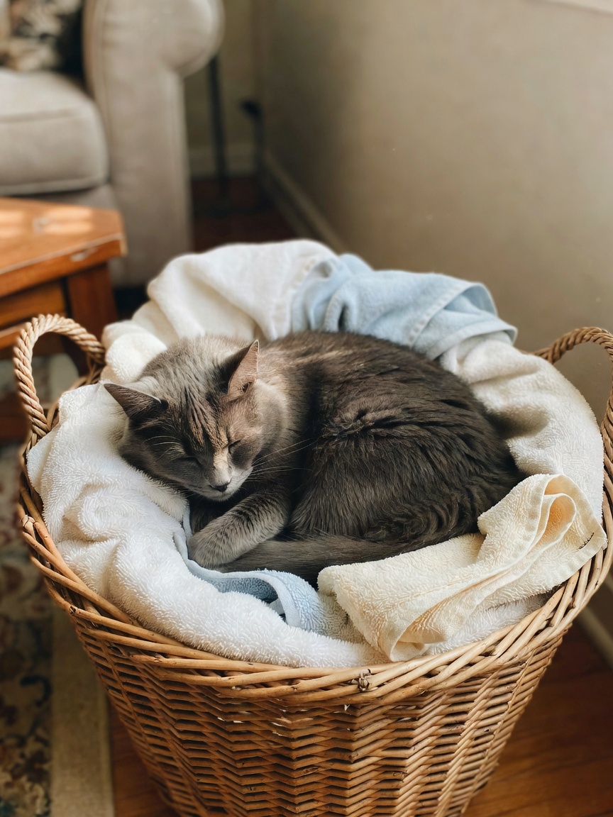 luna decided the laundry basket was her new throne today. the face she gave me w