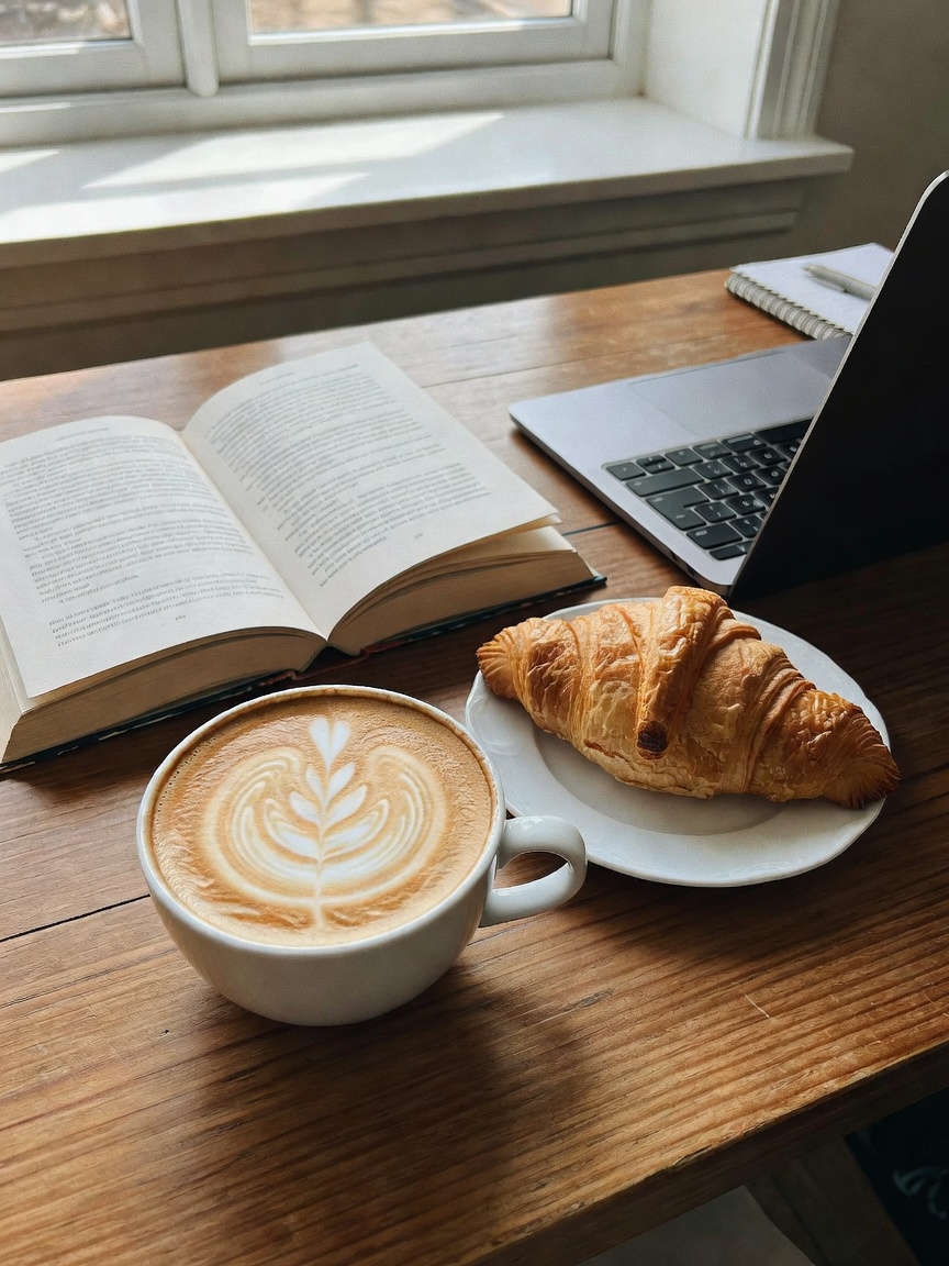 Quiet corner, decent latte art, and some light reading while the city hums outsi