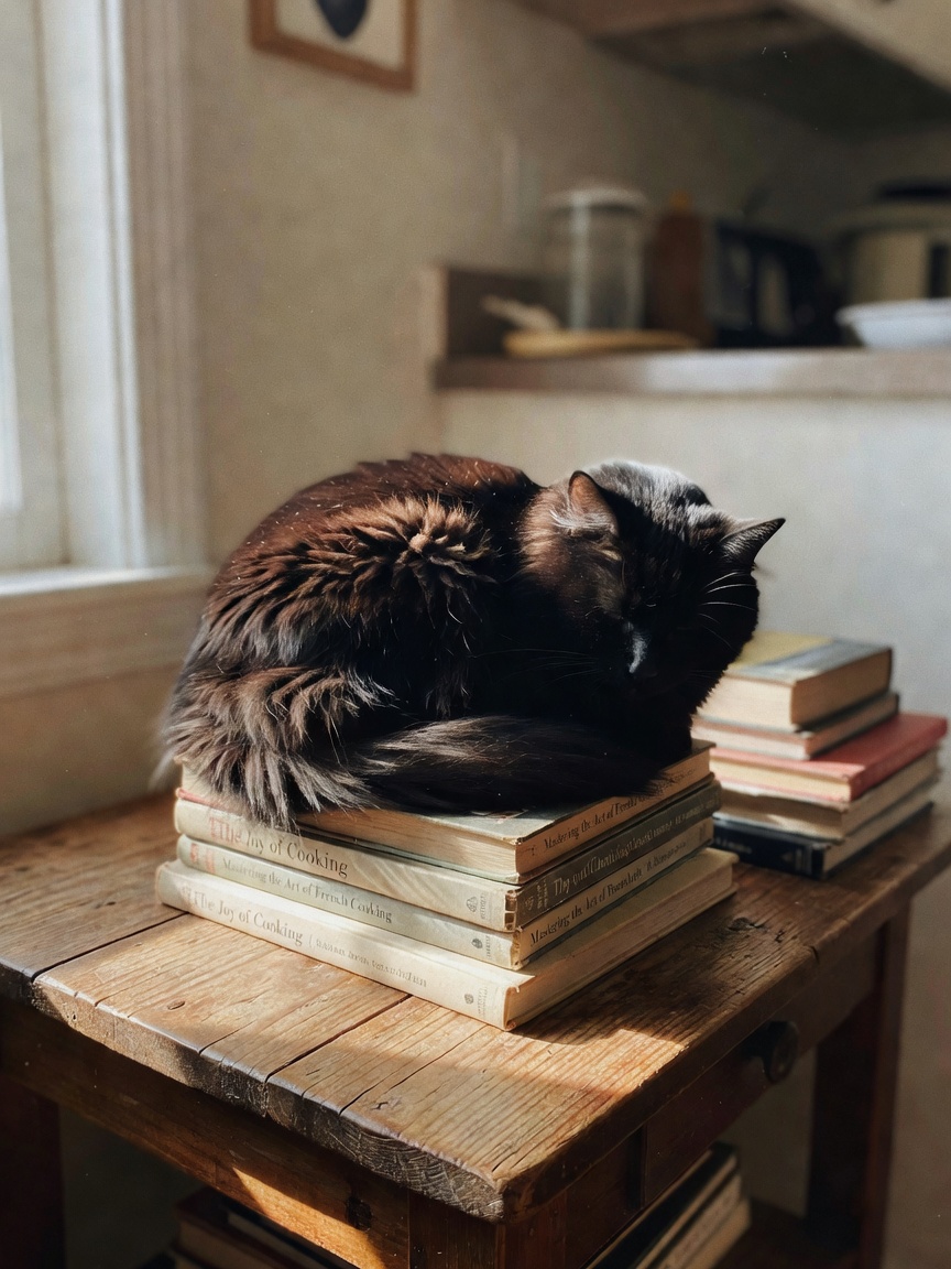 Luna has claimed the top of my cookbook stack again. zero shame, maximum cutenes