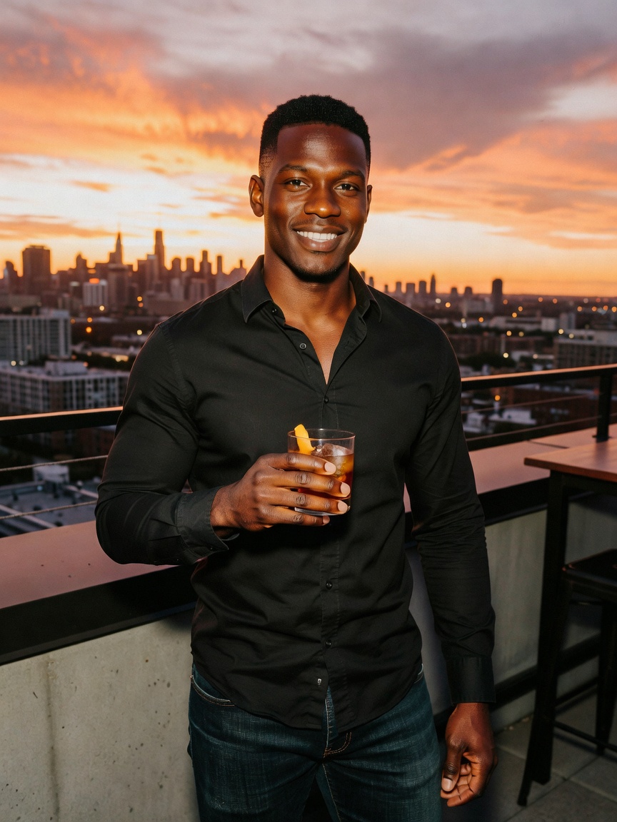 Golden hour hits different up here. Good drinks, better company, and that skylin