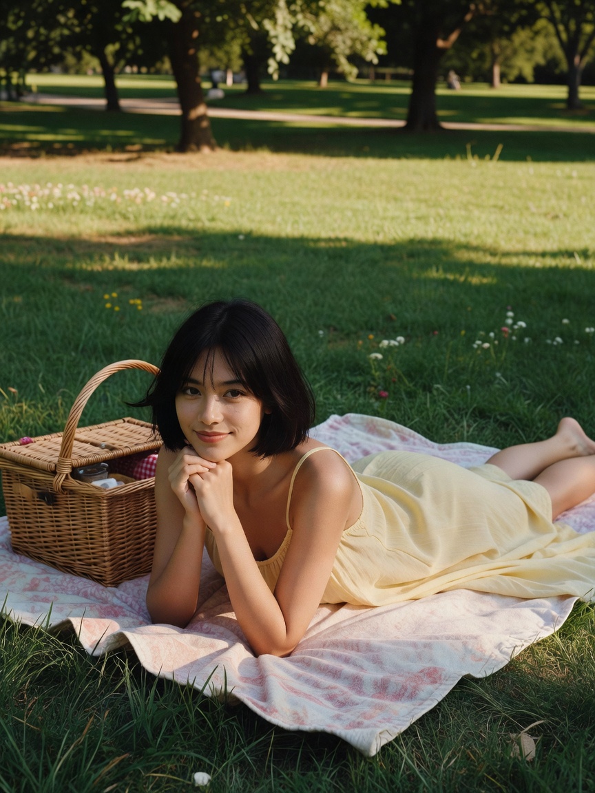 sundress and bare legs on the grass with a basket of fruit and my sketchbook. lu
