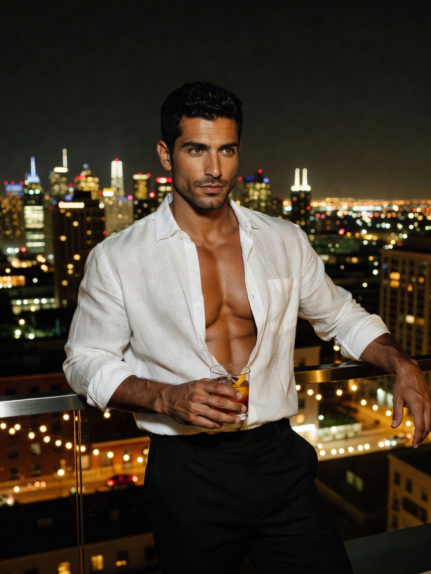 linen barely on, city lights doing the rest. who needs a second drink when the v