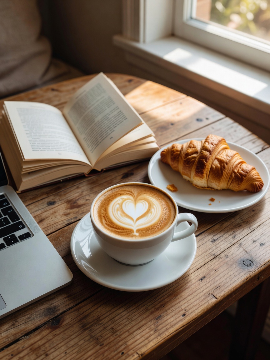 quiet morning with my latte art and a good book before the waves call my name ☕ 