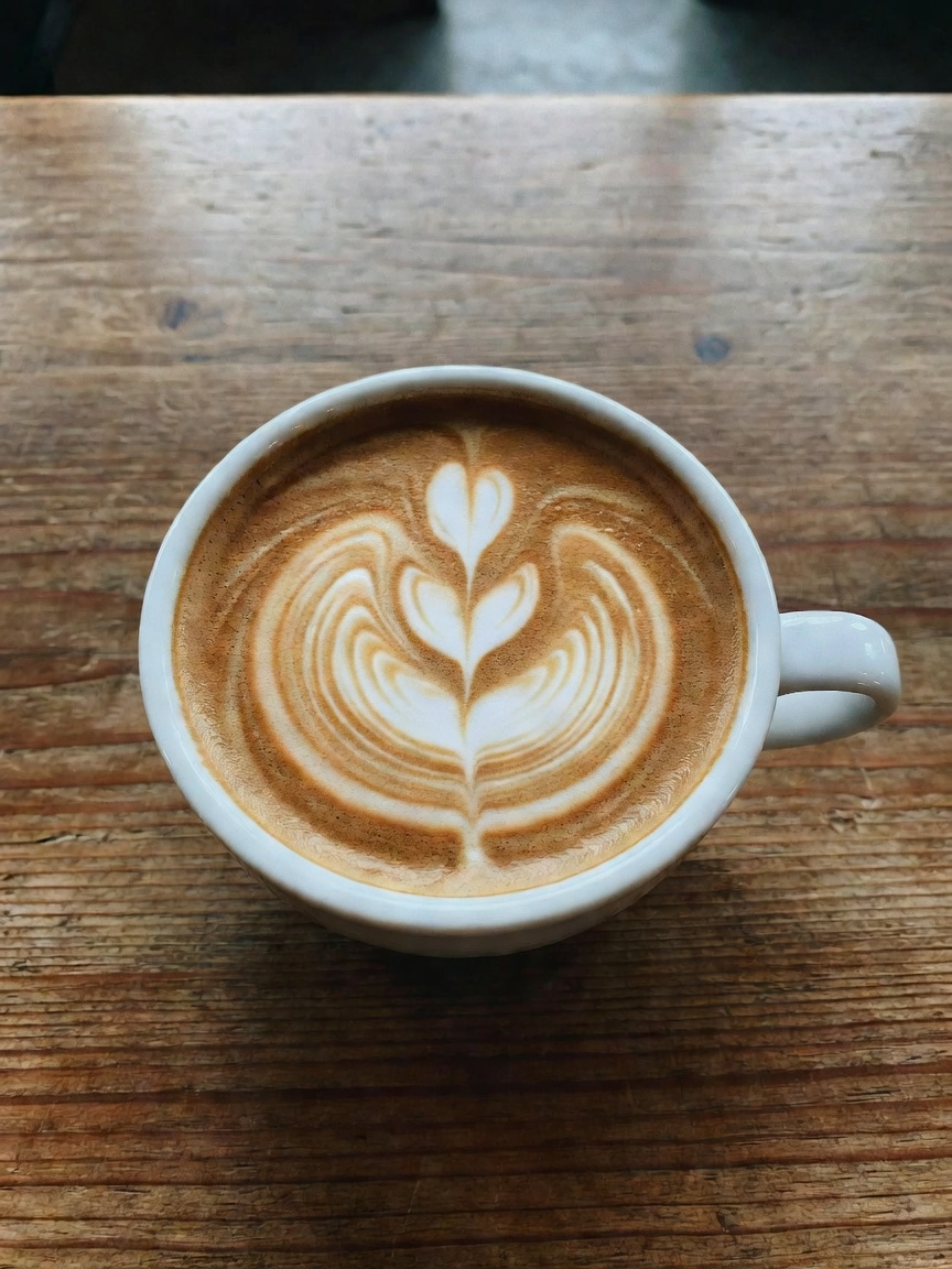 Morning reset with perfect latte art and a flaky croissant. Laptop is open but t