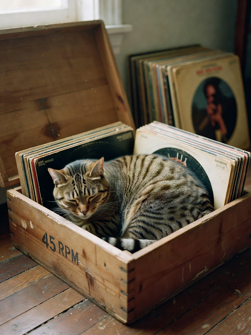 caught kofi napping in my record crate again. this cat has zero respect for my v