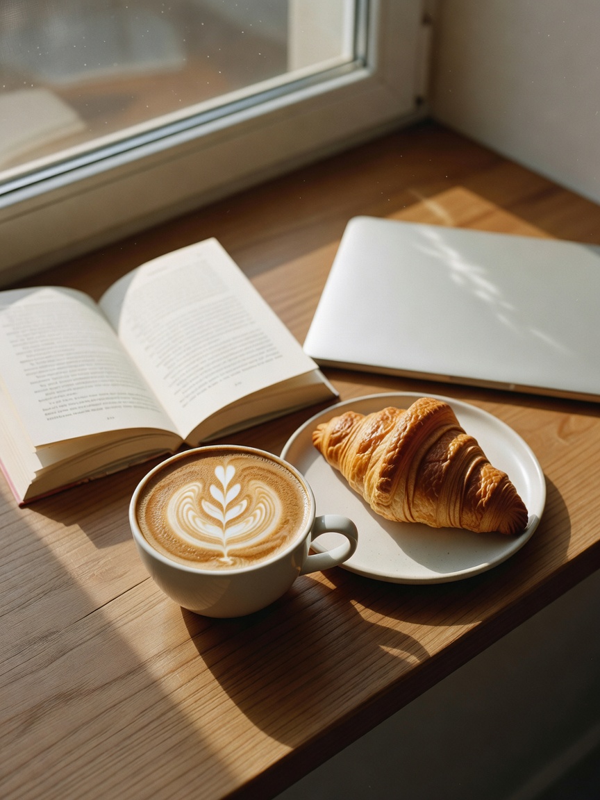 latte art hitting different today. croissant, good book, notebook full of half i