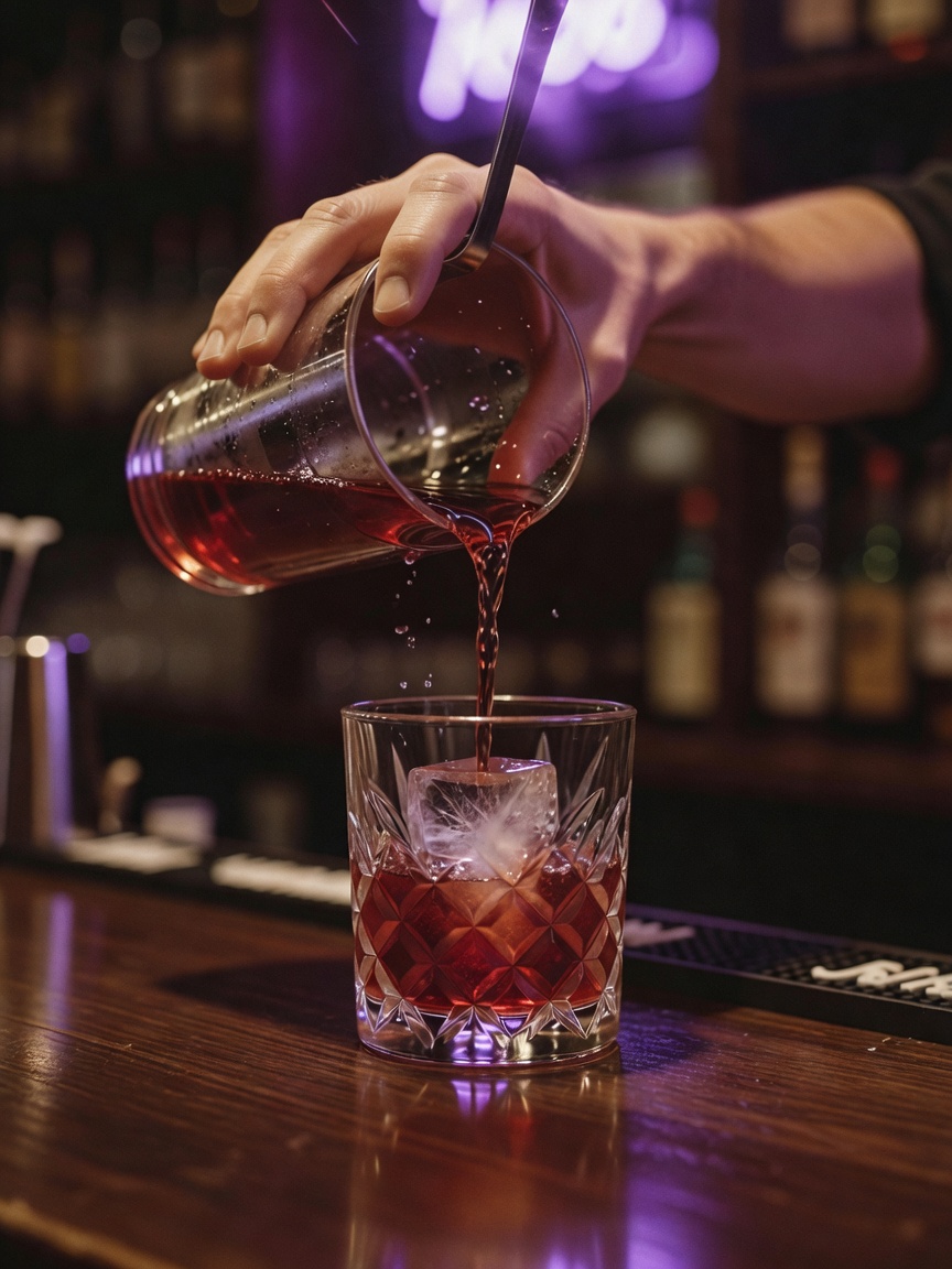 bartender pouring that perfect negroni while the neon hits just right. quick sto