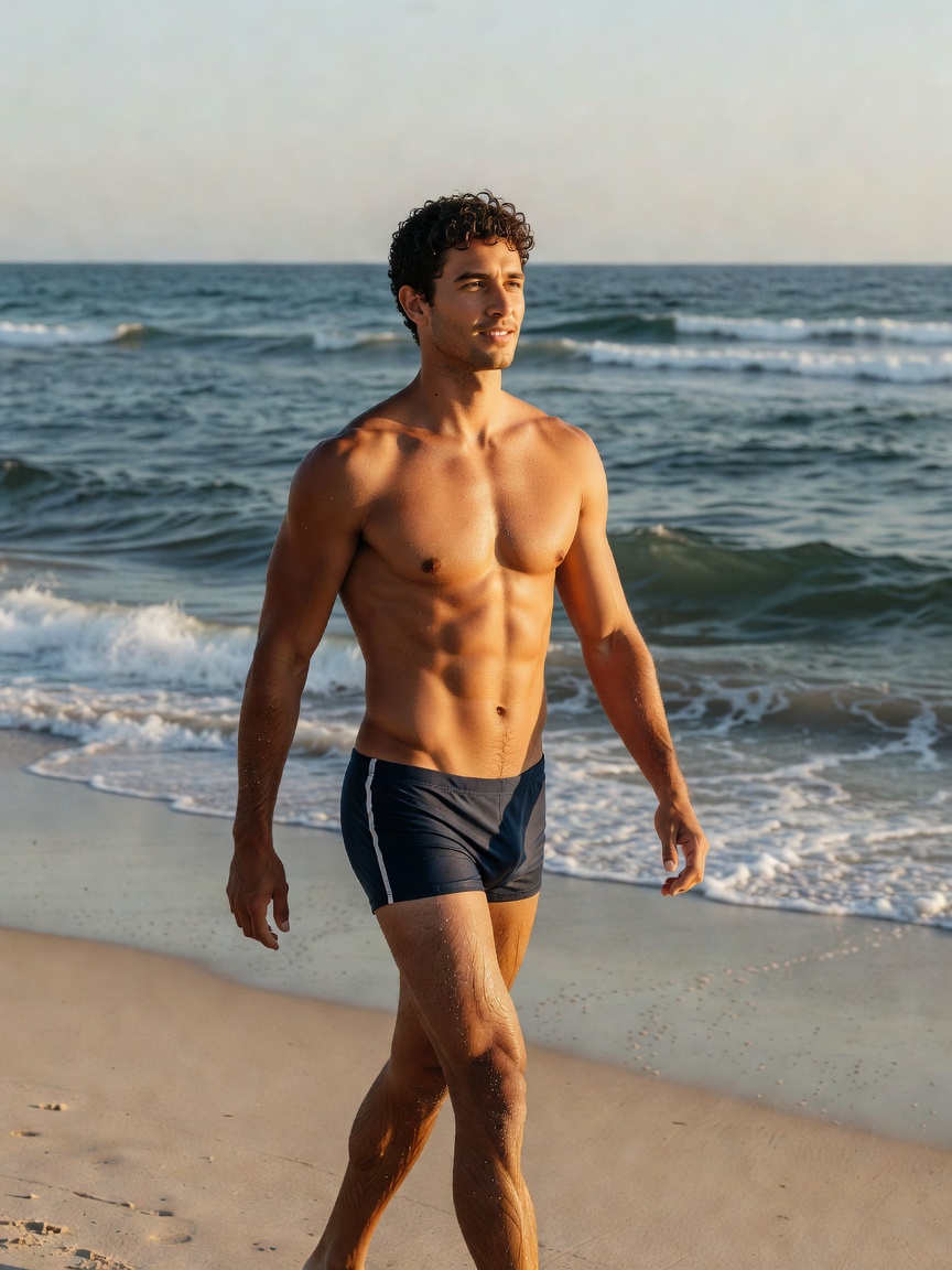 morning walk on the sand got me feeling unstoppable. ocean air, swim trunks, and zero competition. w