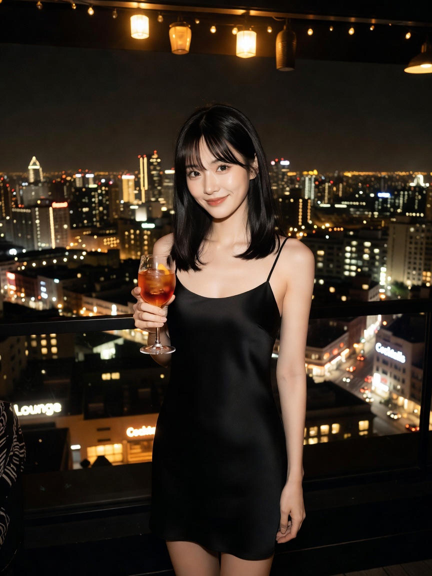 city lights, one cocktail, and a dress that barely behaves. quiet nights still have their moments